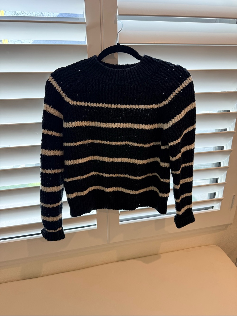 Vince Navy and White Striped Crewneck Sweater